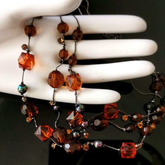 3 Strand Beaded Necklace Amber & Brown Color necklace - Picture 5 of 7